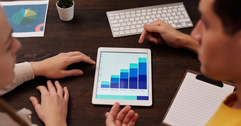 Team members discussing digital graphs on a tablet in a modern office setting.